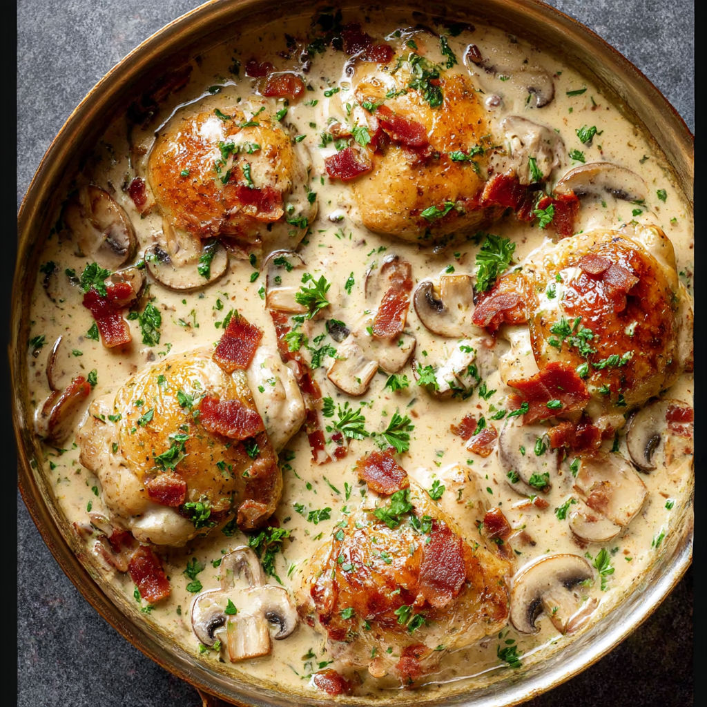A dish of creamy baked chicken thighs with mushrooms and bacon.