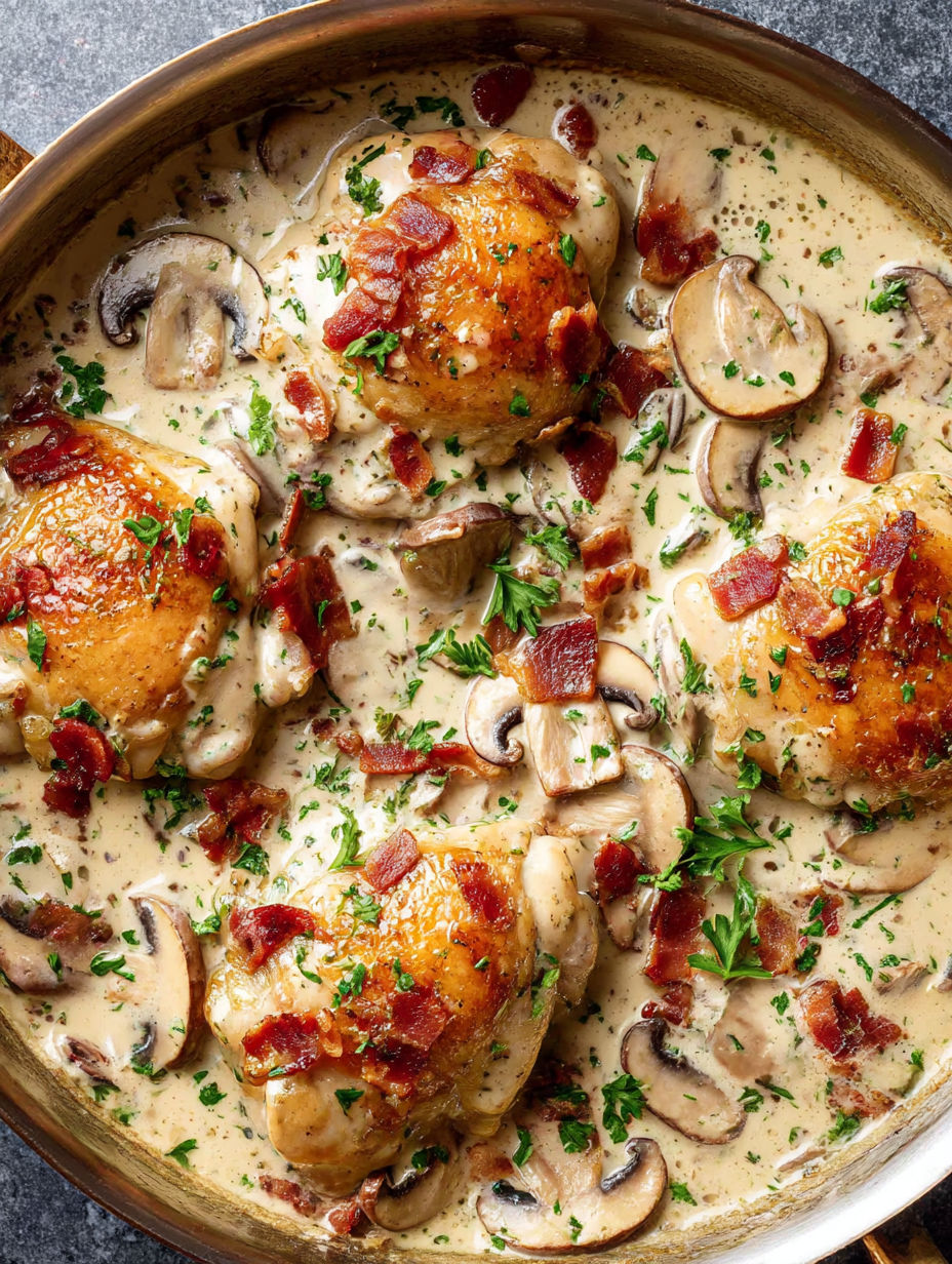 Chicken thighs covered in bacon and mushrooms.