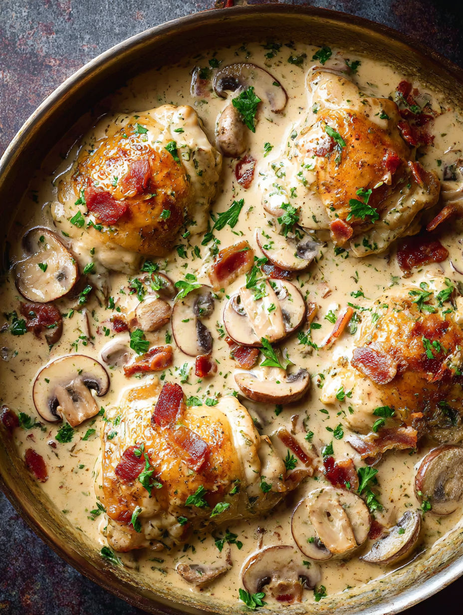 Chicken thighs covered in mushrooms and bacon.