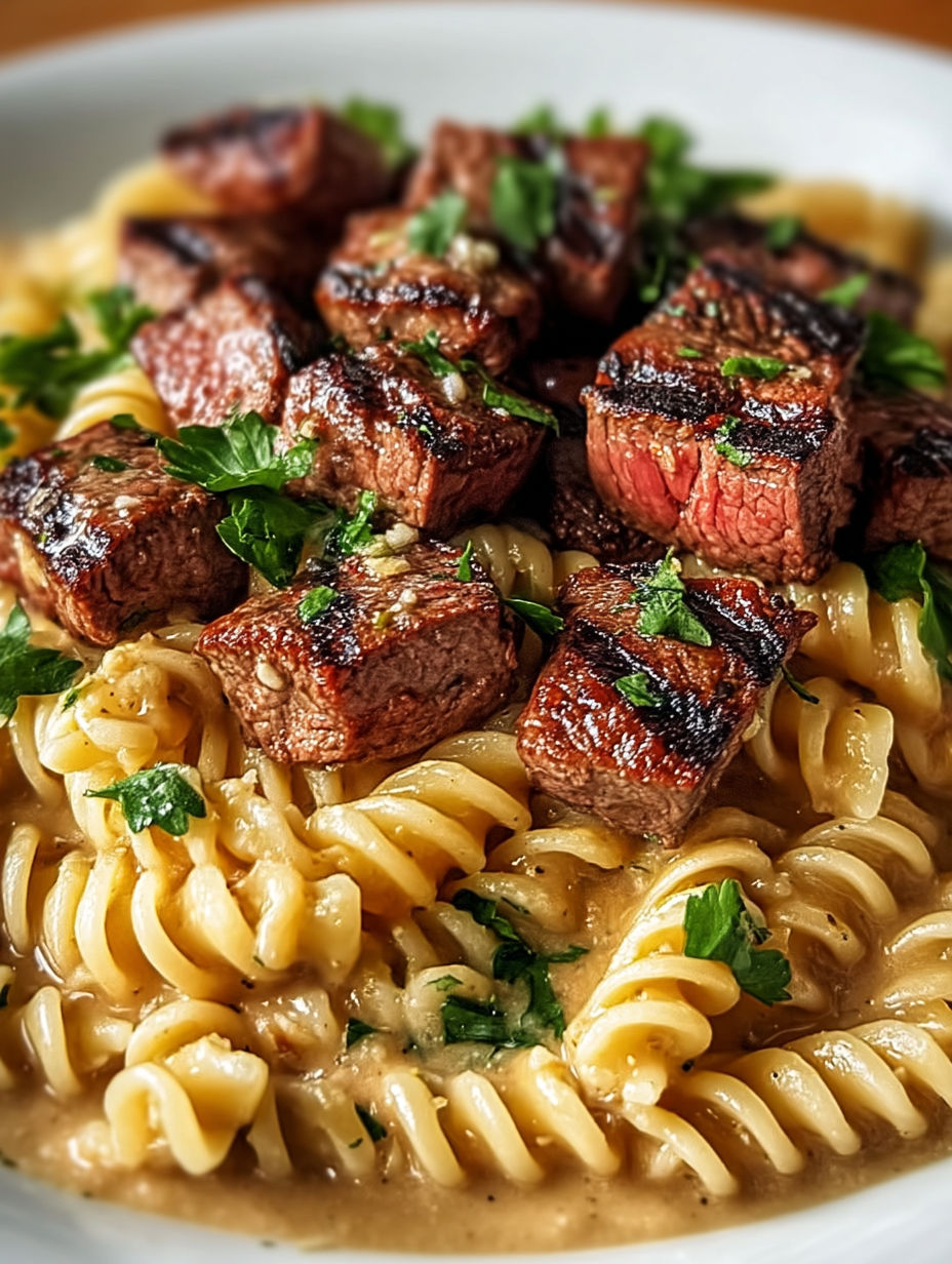 A plate of pasta with meat on top.