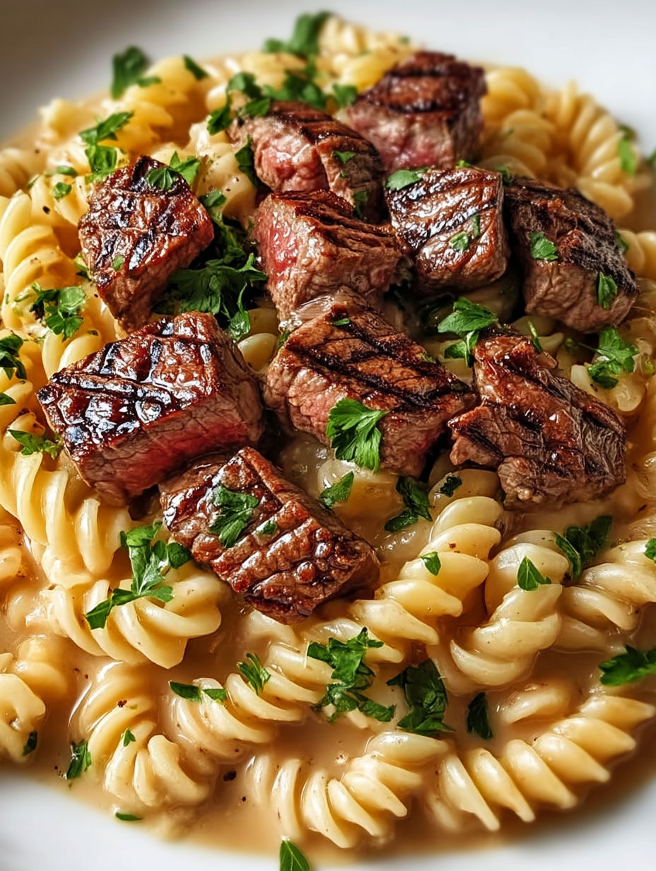 A delicious garlic butter steak pasta dish.