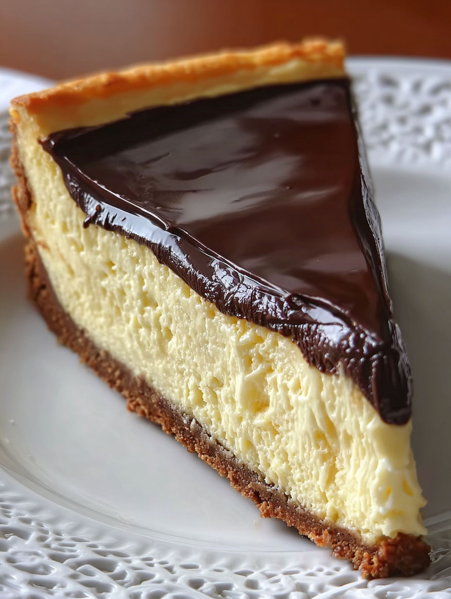 A slice of Boston Cream Pie Cheesecake.