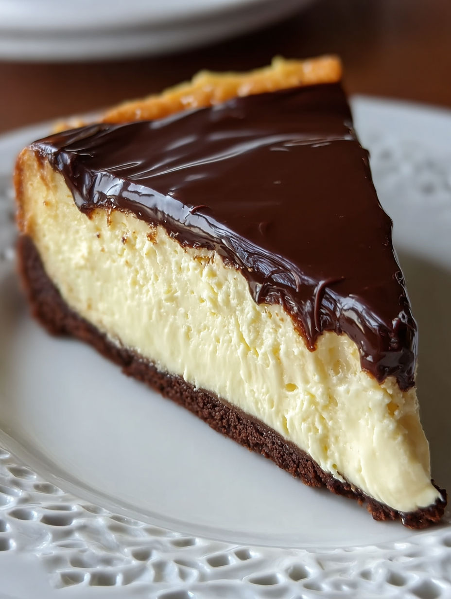 A slice of Boston Cream Pie Cheesecake.