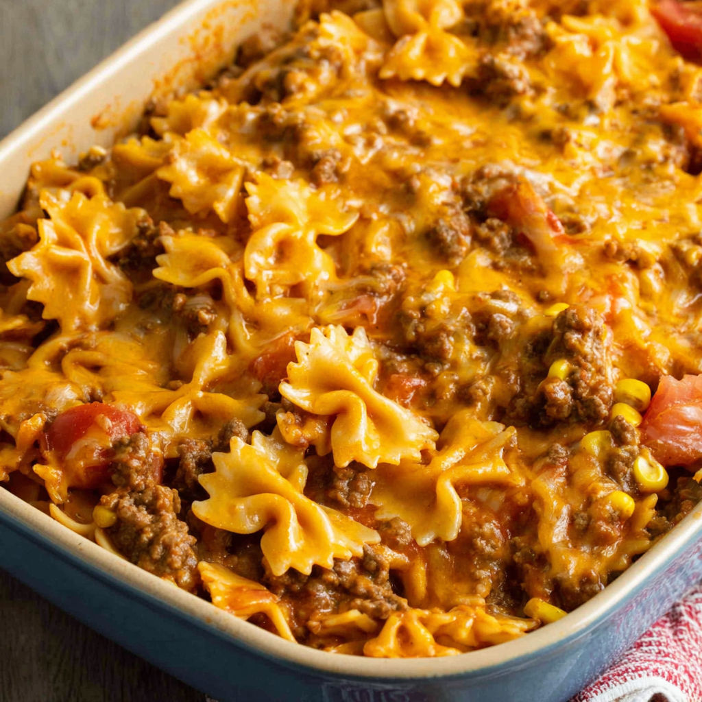 A casserole dish filled with pasta and meat.