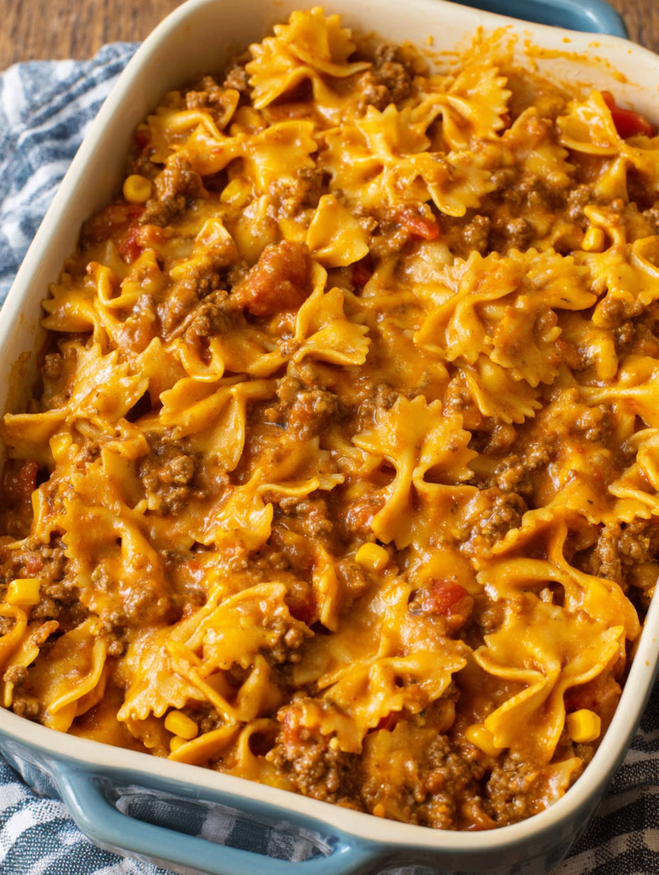 A casserole dish filled with pasta and meat.