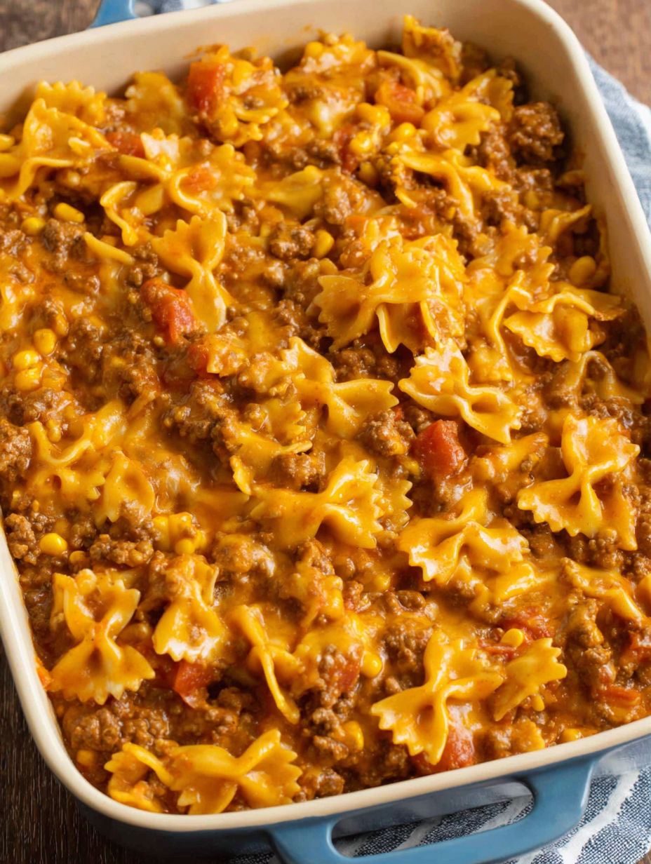 A casserole dish filled with pasta and meat.