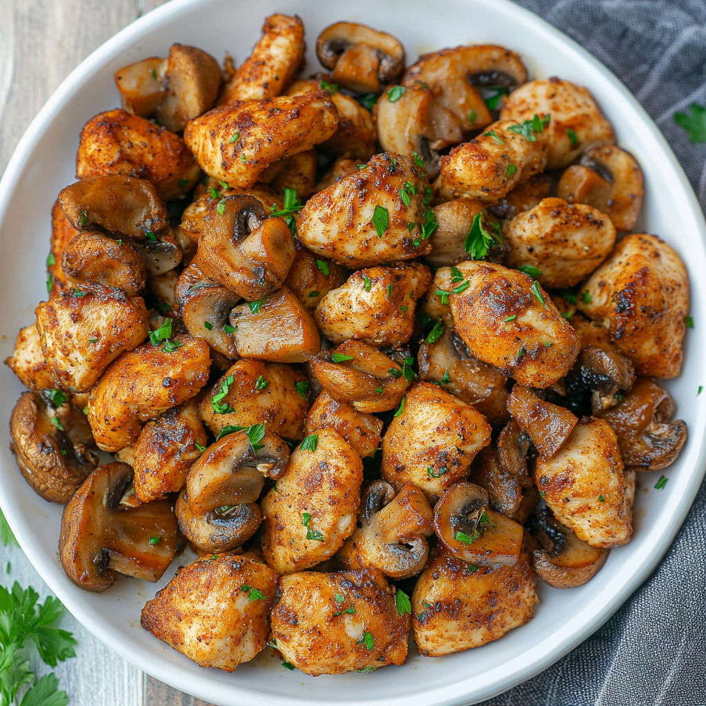 A bowl of Cajun Chicken Mushroom Bites.