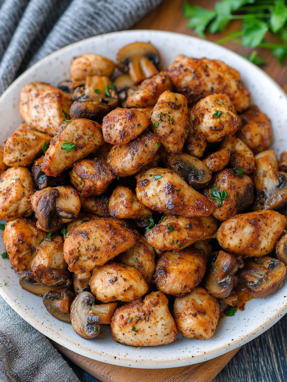 A bowl of Cajun chicken mushroom bites.