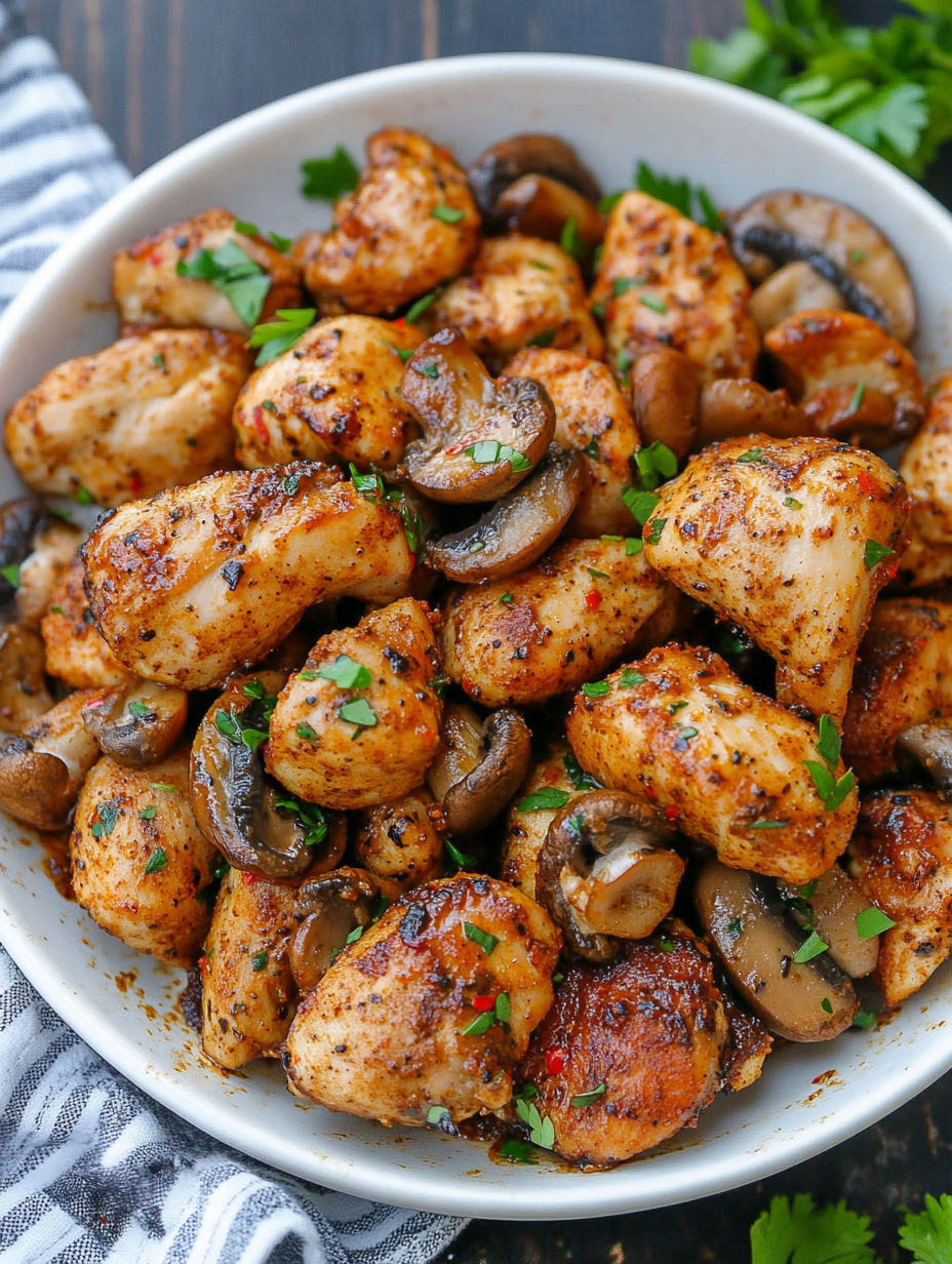 A bowl of Cajun chicken mushroom bites.