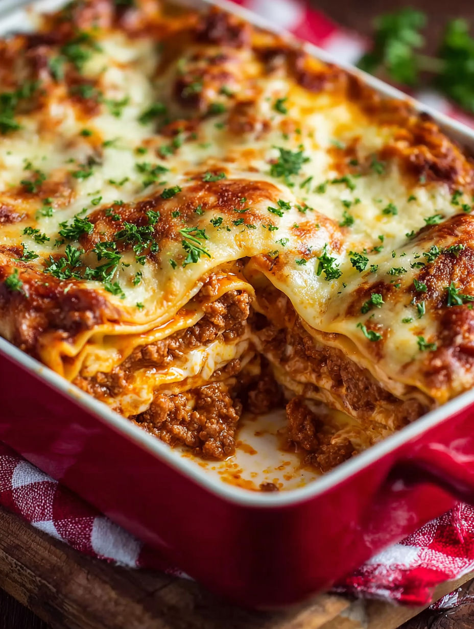 A pan of lasagna with cheese.