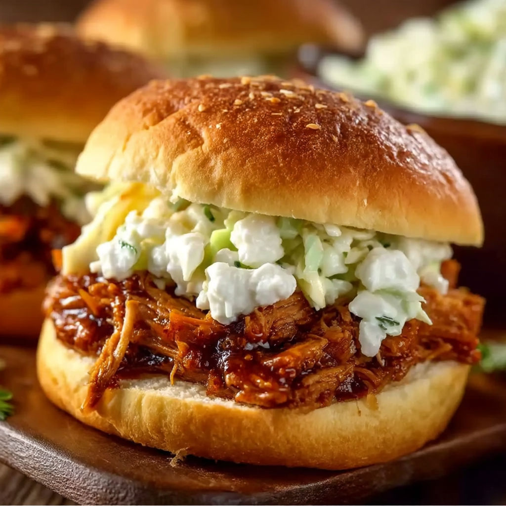 A sandwich with pulled pork and coleslaw.