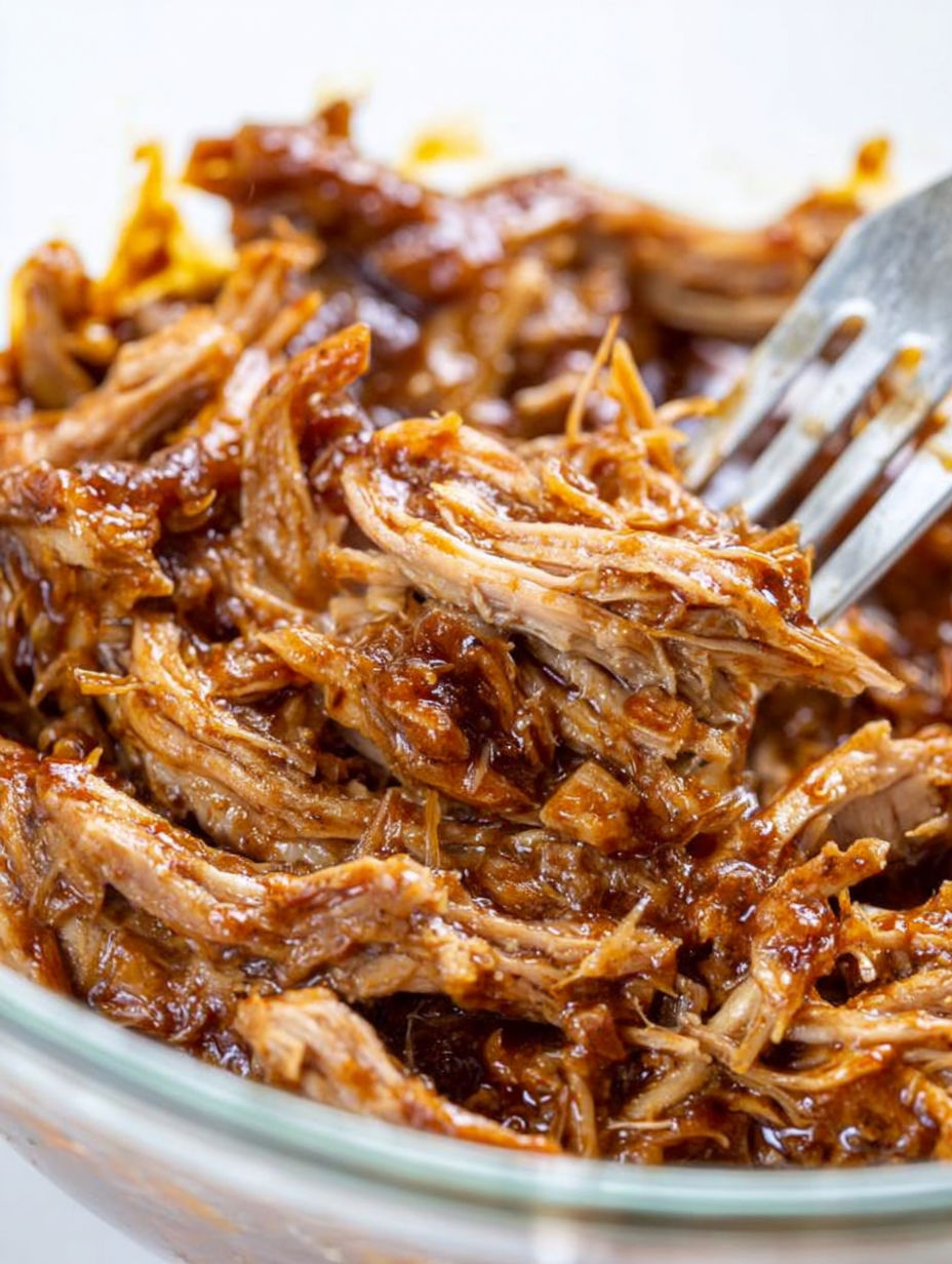 A fork is stuck in a bowl of pulled pork.