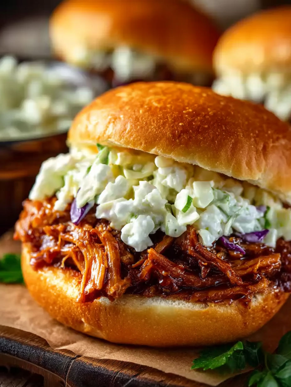 A sandwich with pulled pork and coleslaw.