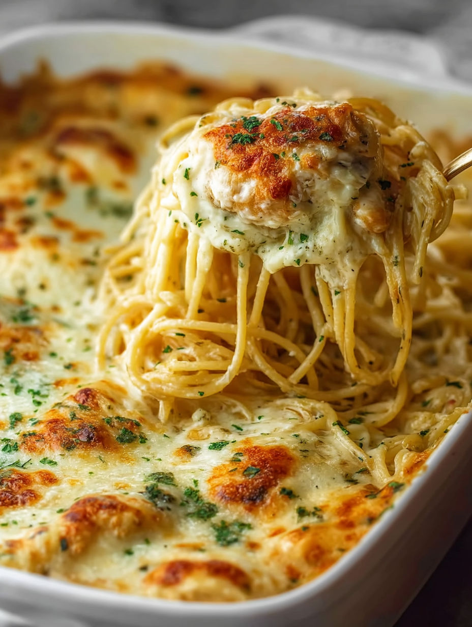 A close up of a white cheddar chicken pasta dish.