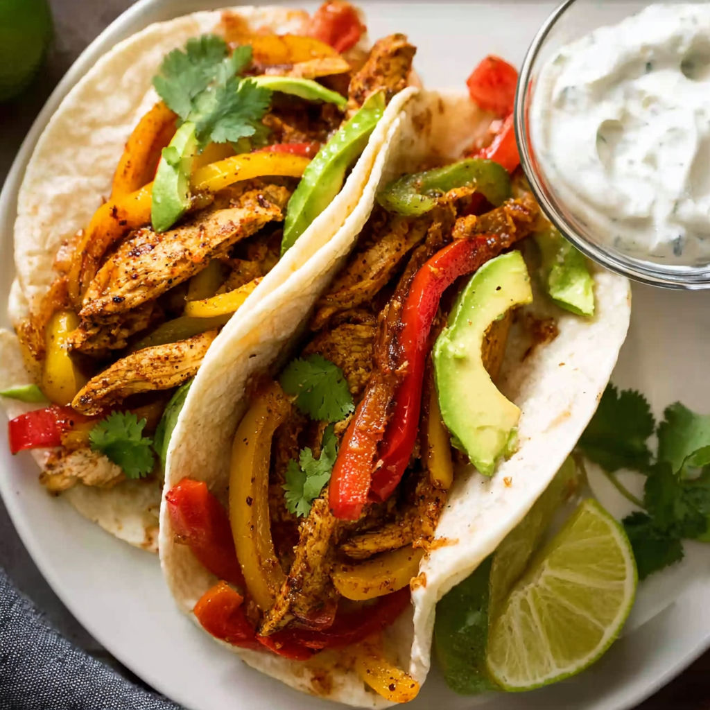 A plate of chicken fajitas with peppers and onions.