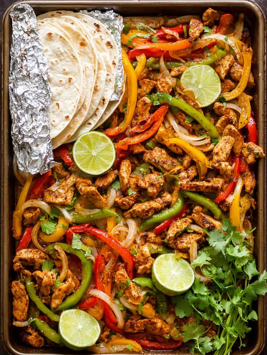 A pan of chicken fajitas with peppers and onions.