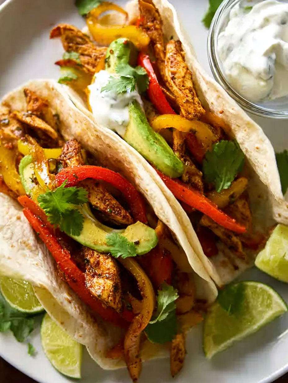 A delicious meal of chicken fajitas with peppers and onions.