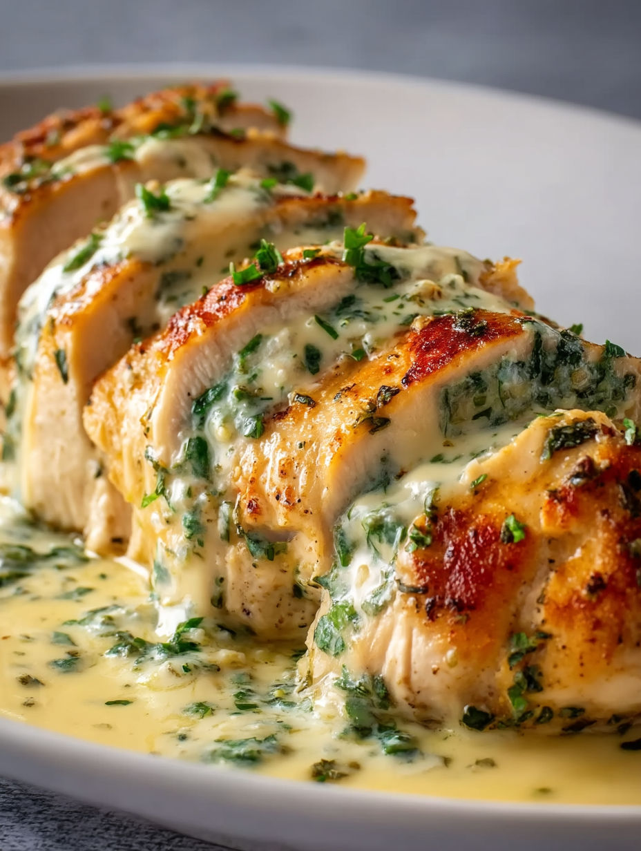 A plate of chicken with herbs and cream.