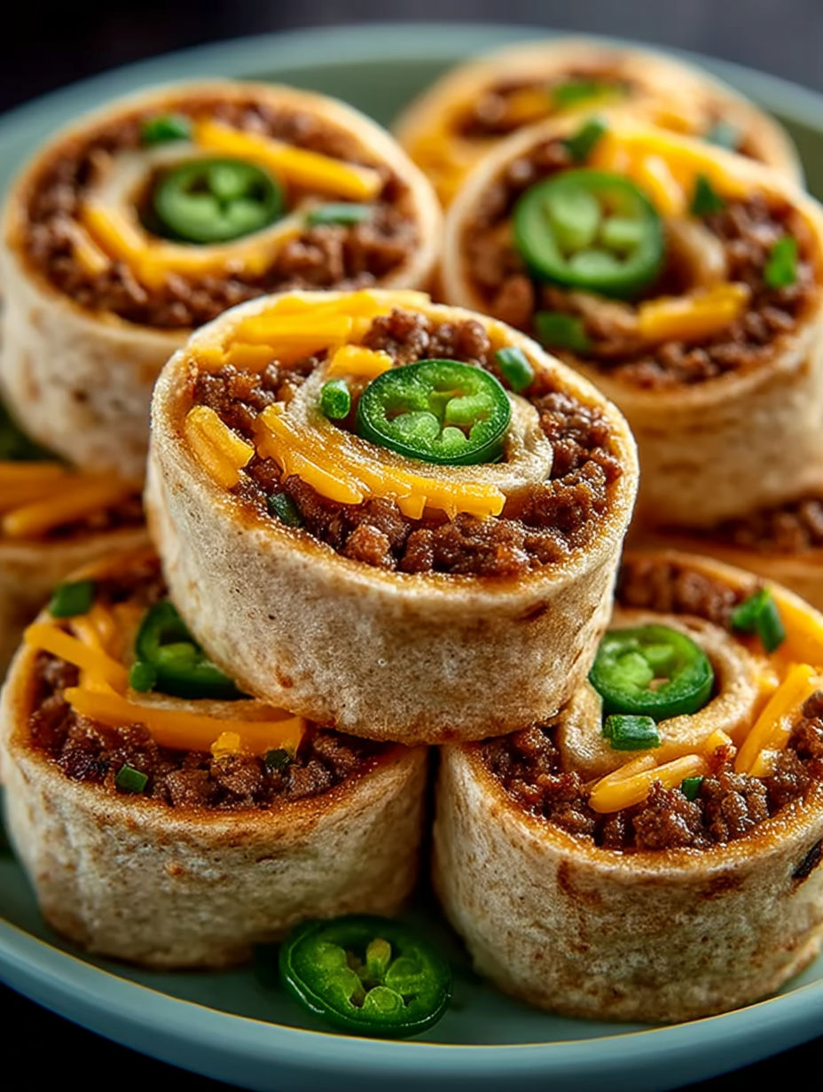 Cuban sausage pinwheels with peppers and cheese.