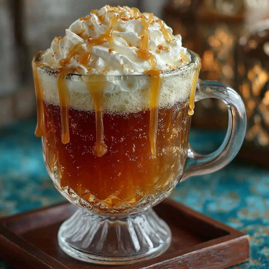 A glass of Butterbeer with caramel drizzle.