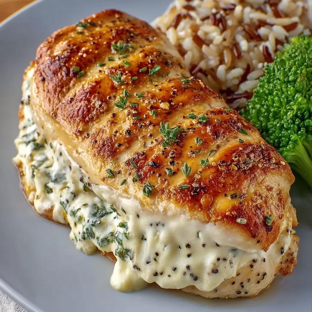 A piece of chicken with herbs and cream cheese on top.