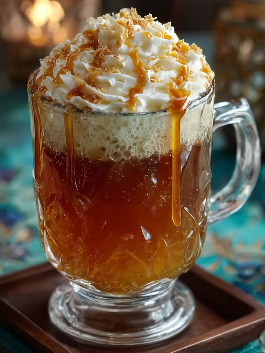 A glass of Butterbeer with caramel drizzled on top.