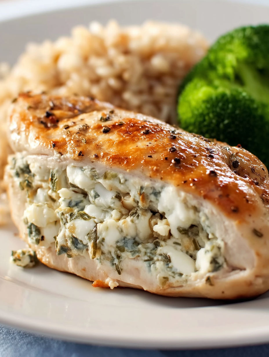 A piece of chicken with herbs and cream cheese on top.