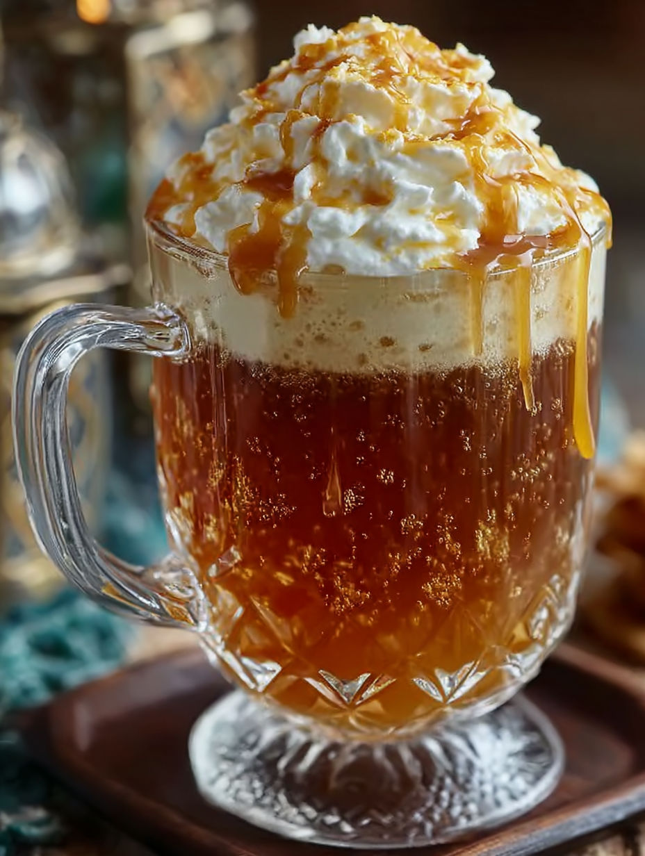 A glass of Butterbeer with whipped cream on top.