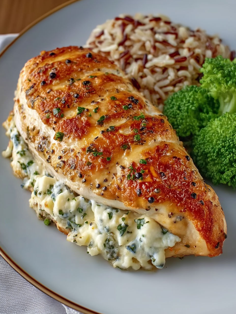 A piece of chicken with herbs and cream cheese on top.