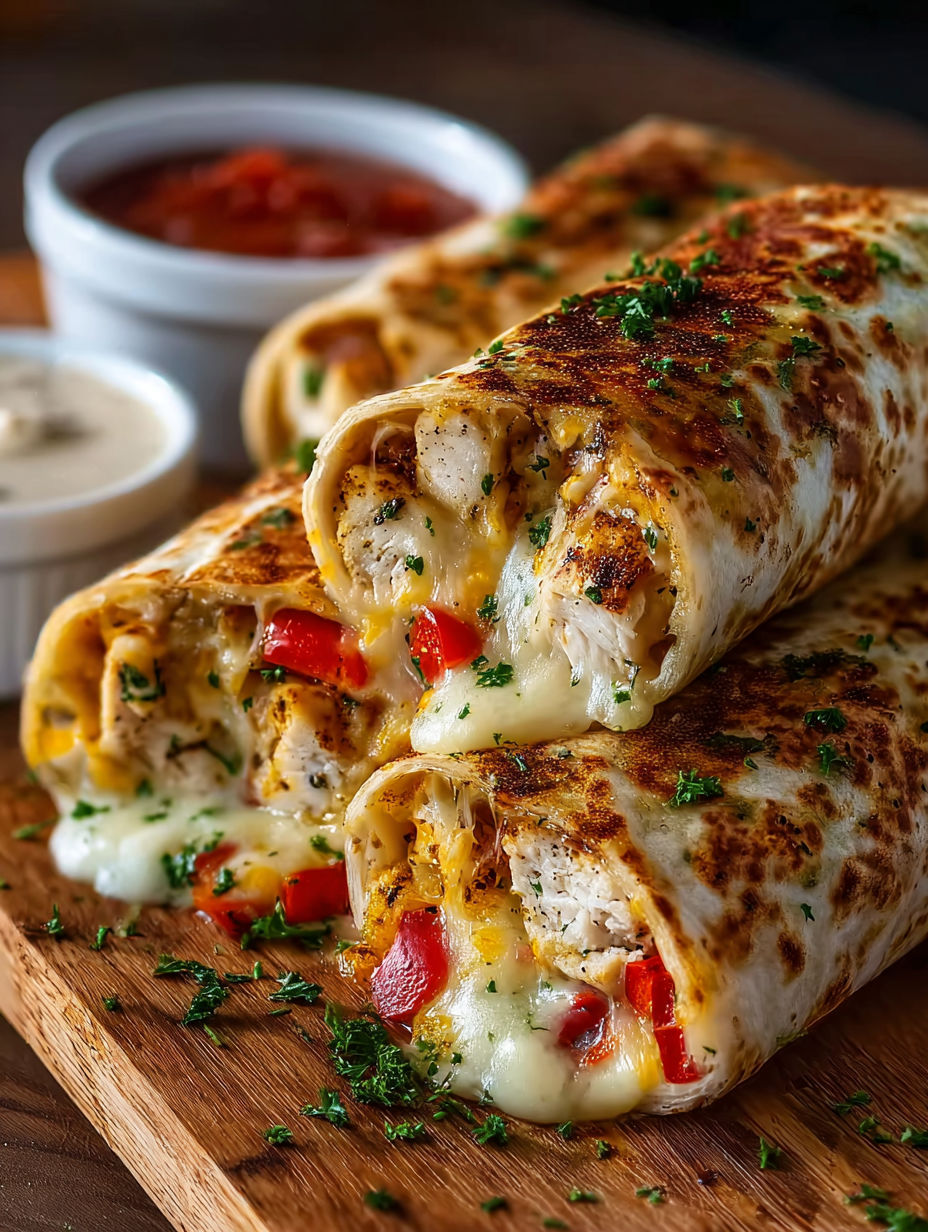 A delicious cheesy garlic chicken wrap.
