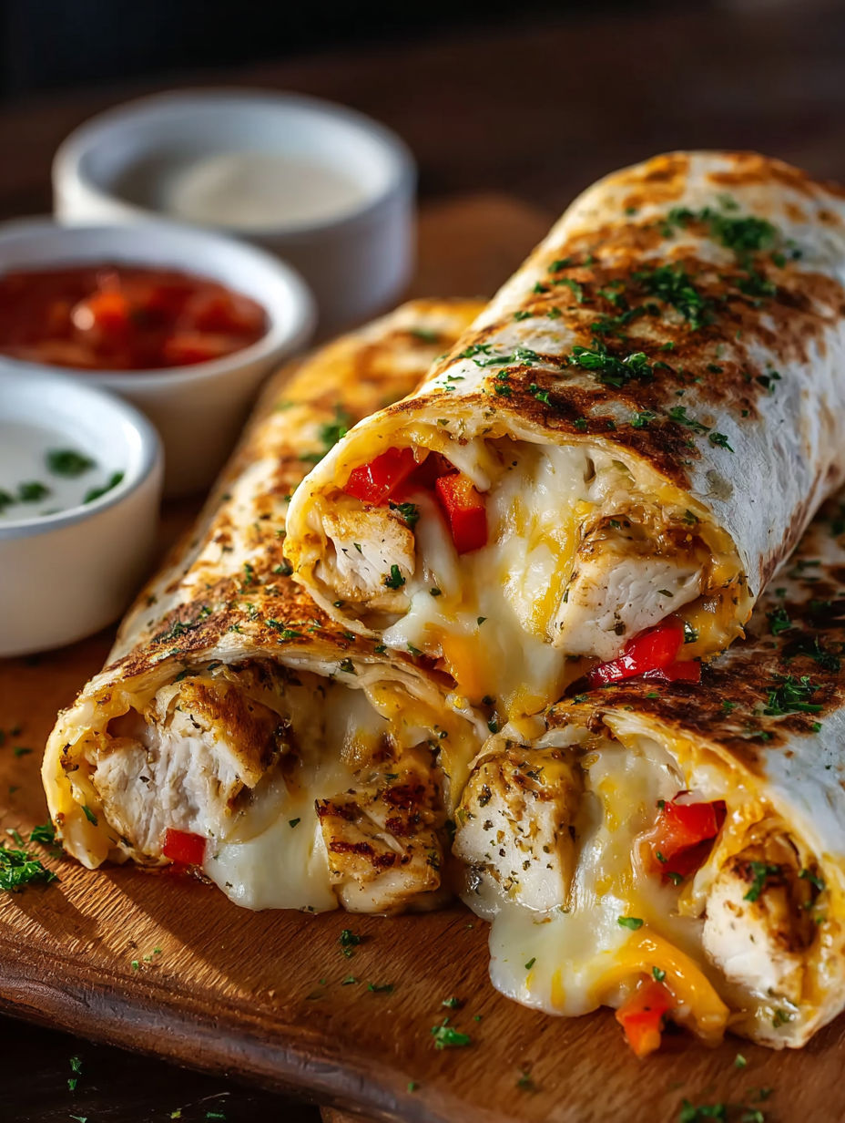 A delicious cheesy garlic chicken wrap.