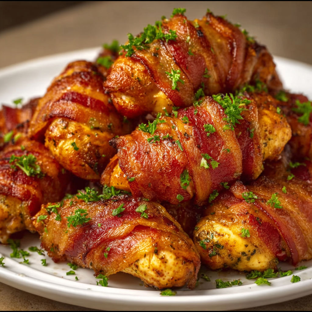 Bacon wrapped chicken tenders on a plate.