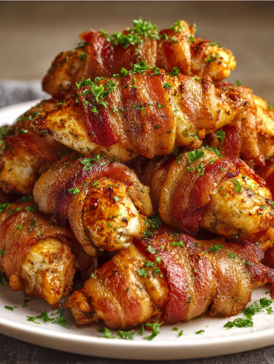 Bacon wrapped chicken tenders on a plate.