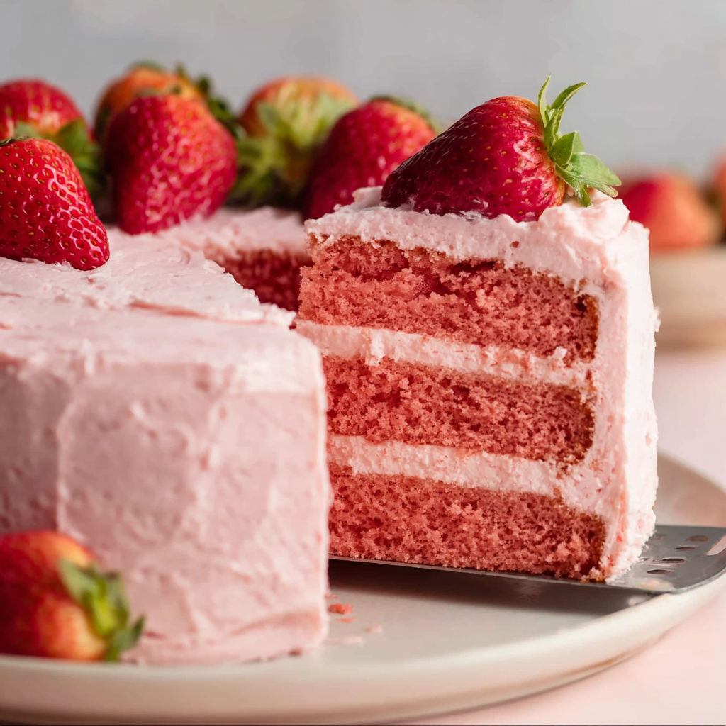 A slice of cake with strawberries on top.