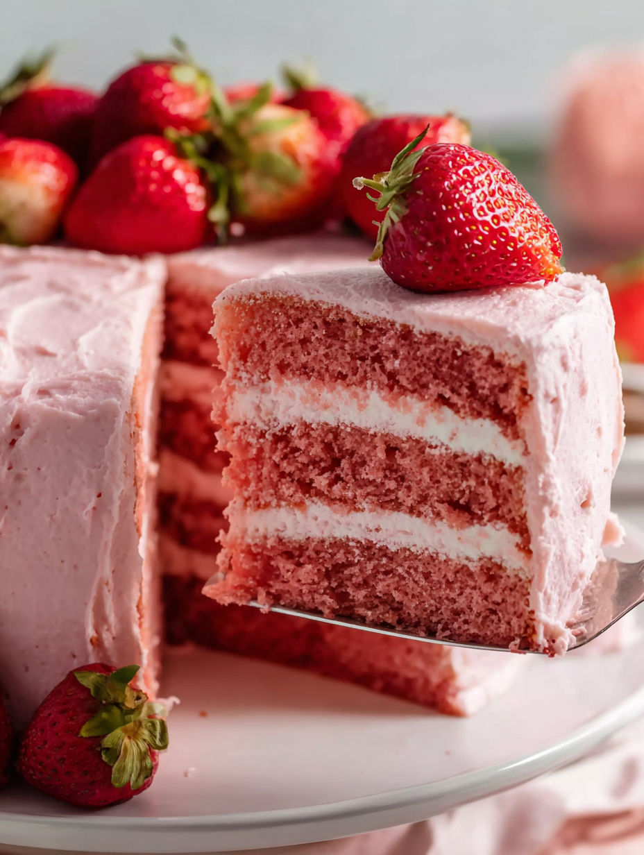 A slice of cake with strawberries on top.