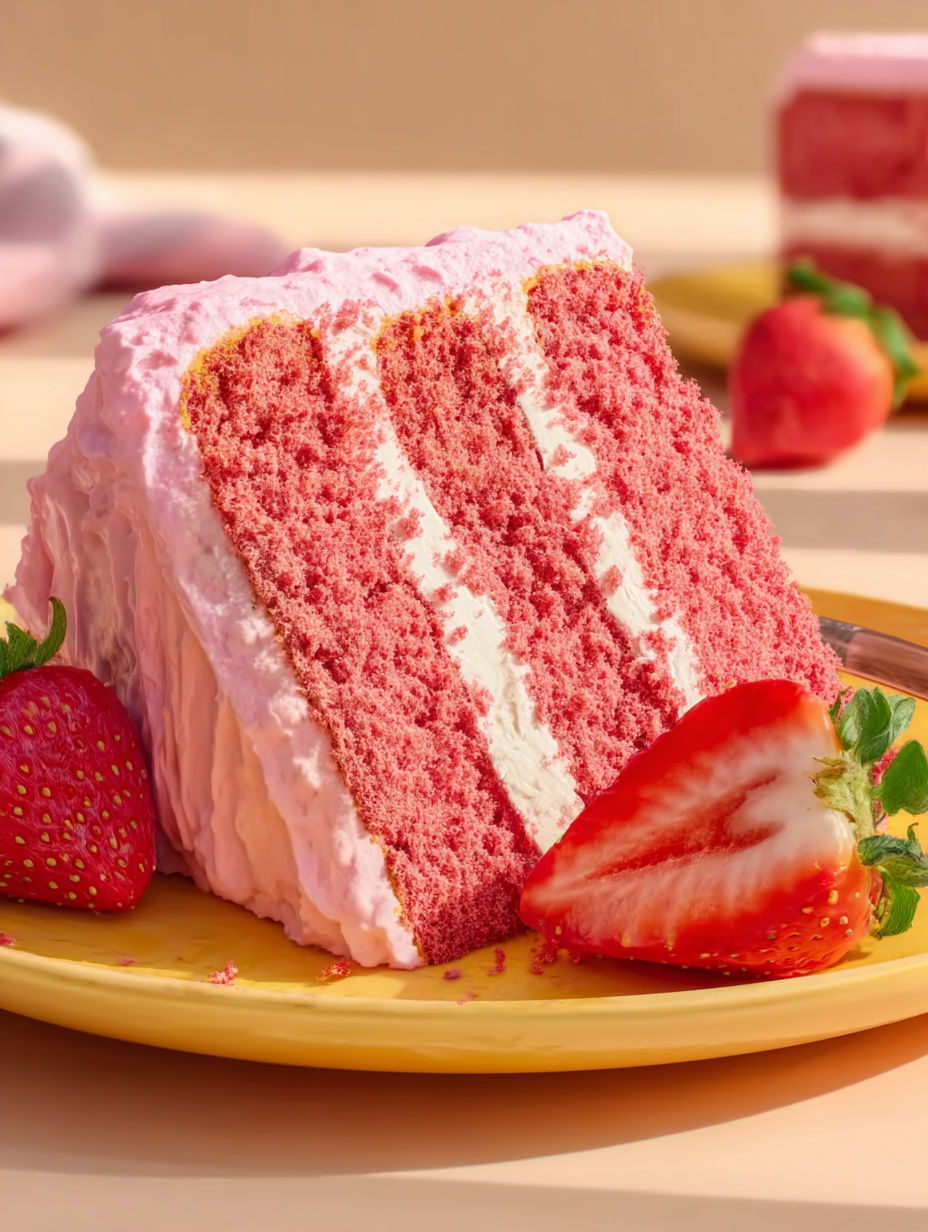 A slice of pink and white cake with strawberries on top.