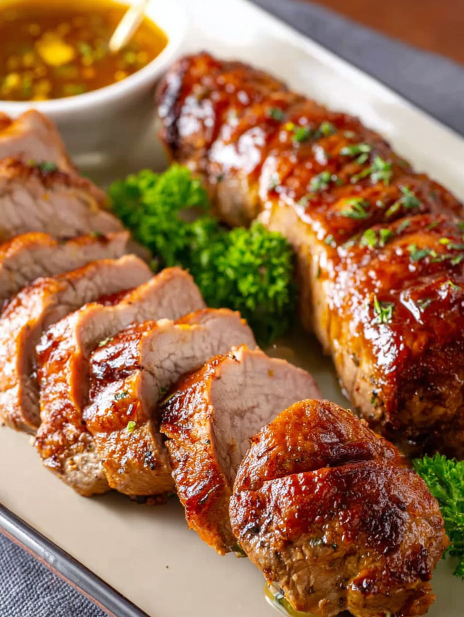 Slow cooker pork tenderloin with broccoli.