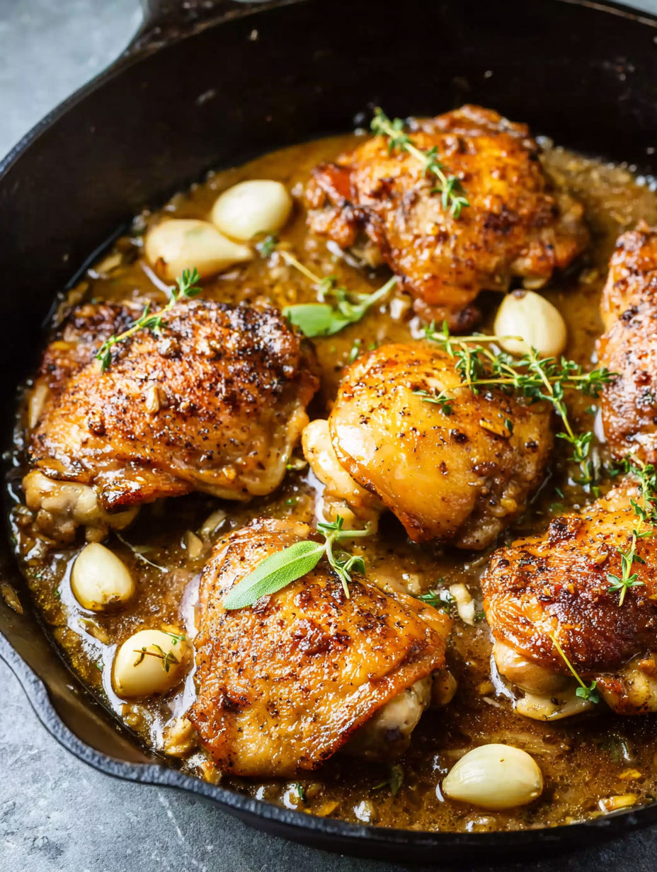 A pan of chicken with garlic and onions.