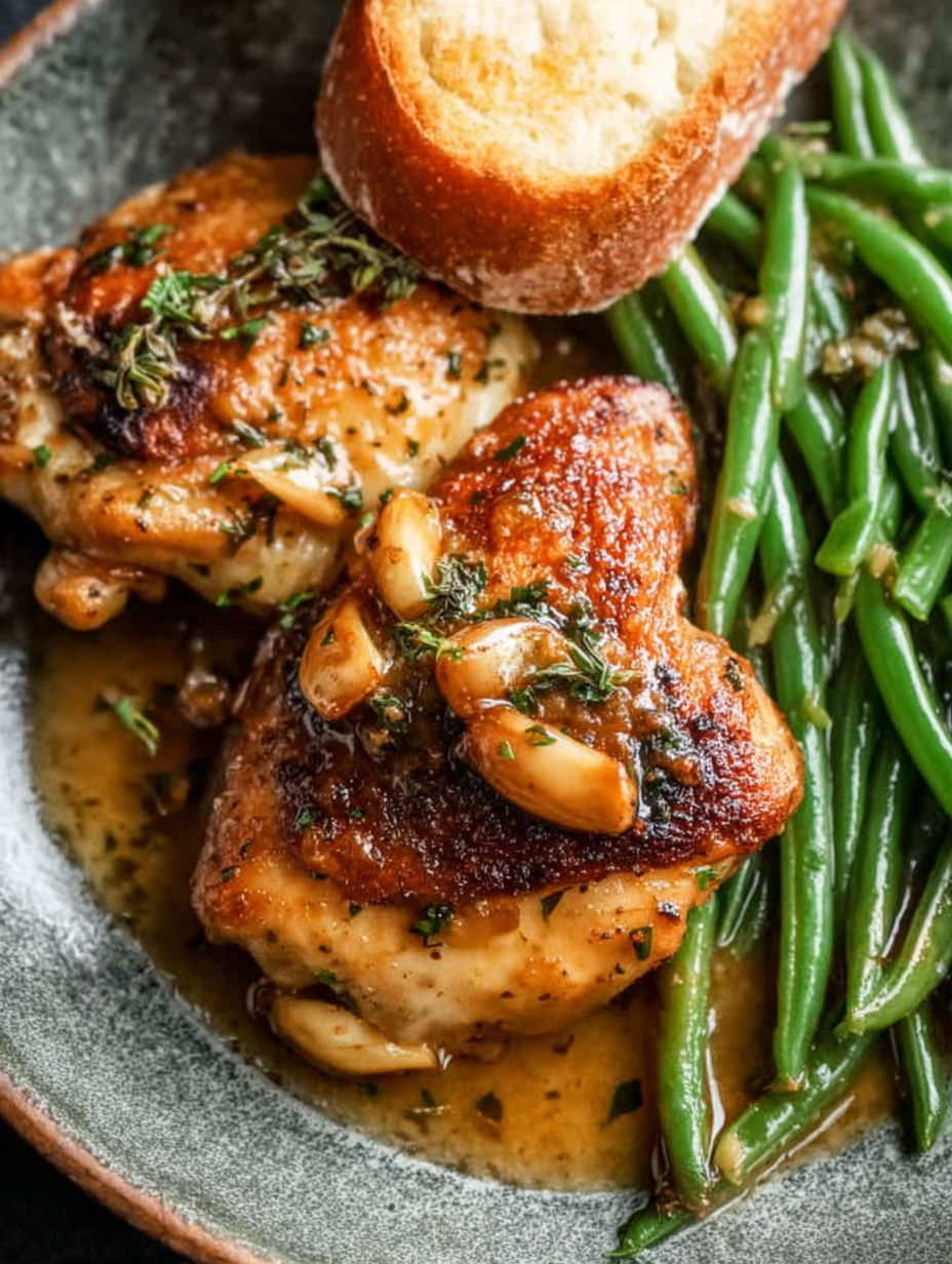 A plate of garlic chicken with green beans.