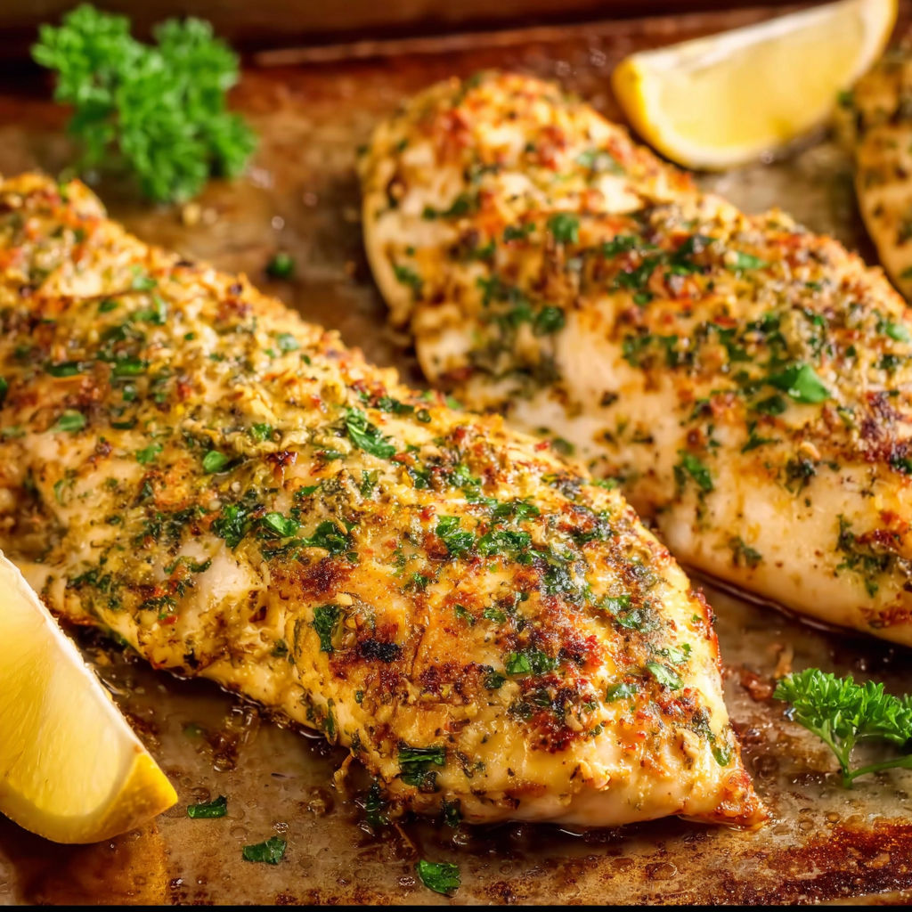 Baked garlic parmesan chicken with lemon wedges.