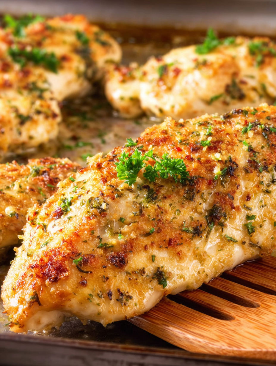 Baked garlic parmesan chicken on a wooden cutting board.