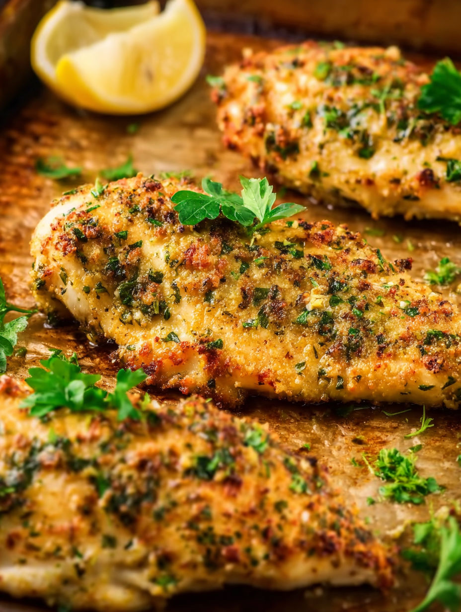 Baked garlic parmesan chicken on a wooden cutting board.