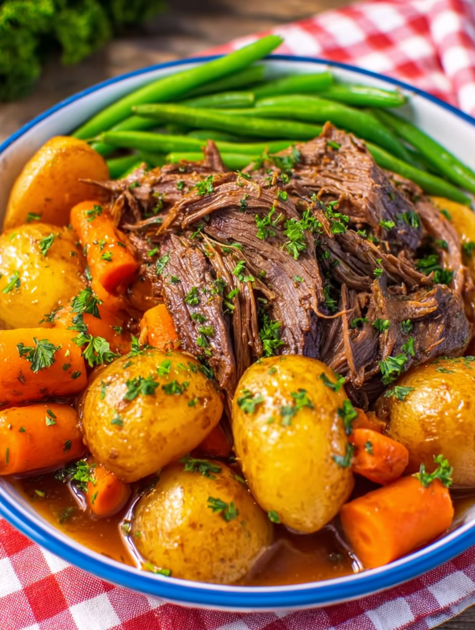 A crock pot full of beef and vegetables.