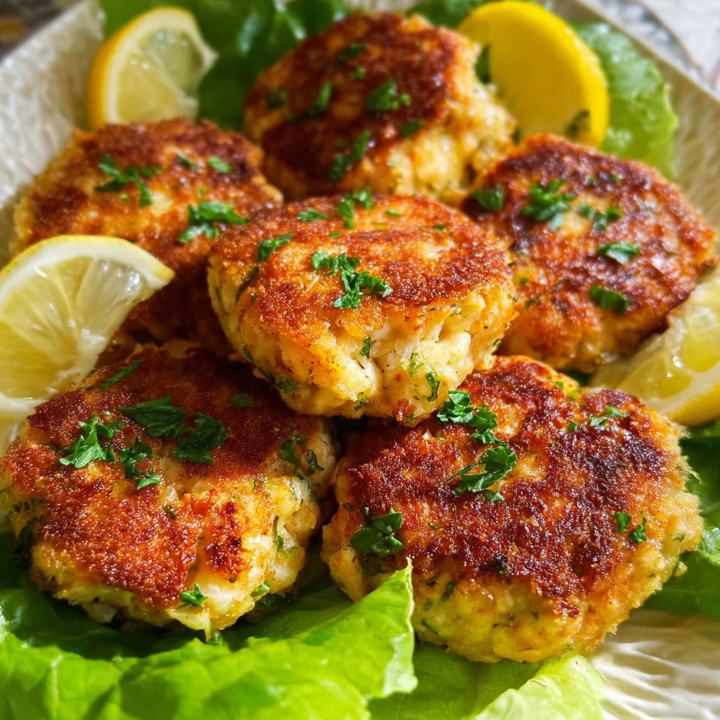 A plate of crab cakes with lemon wedges on top.