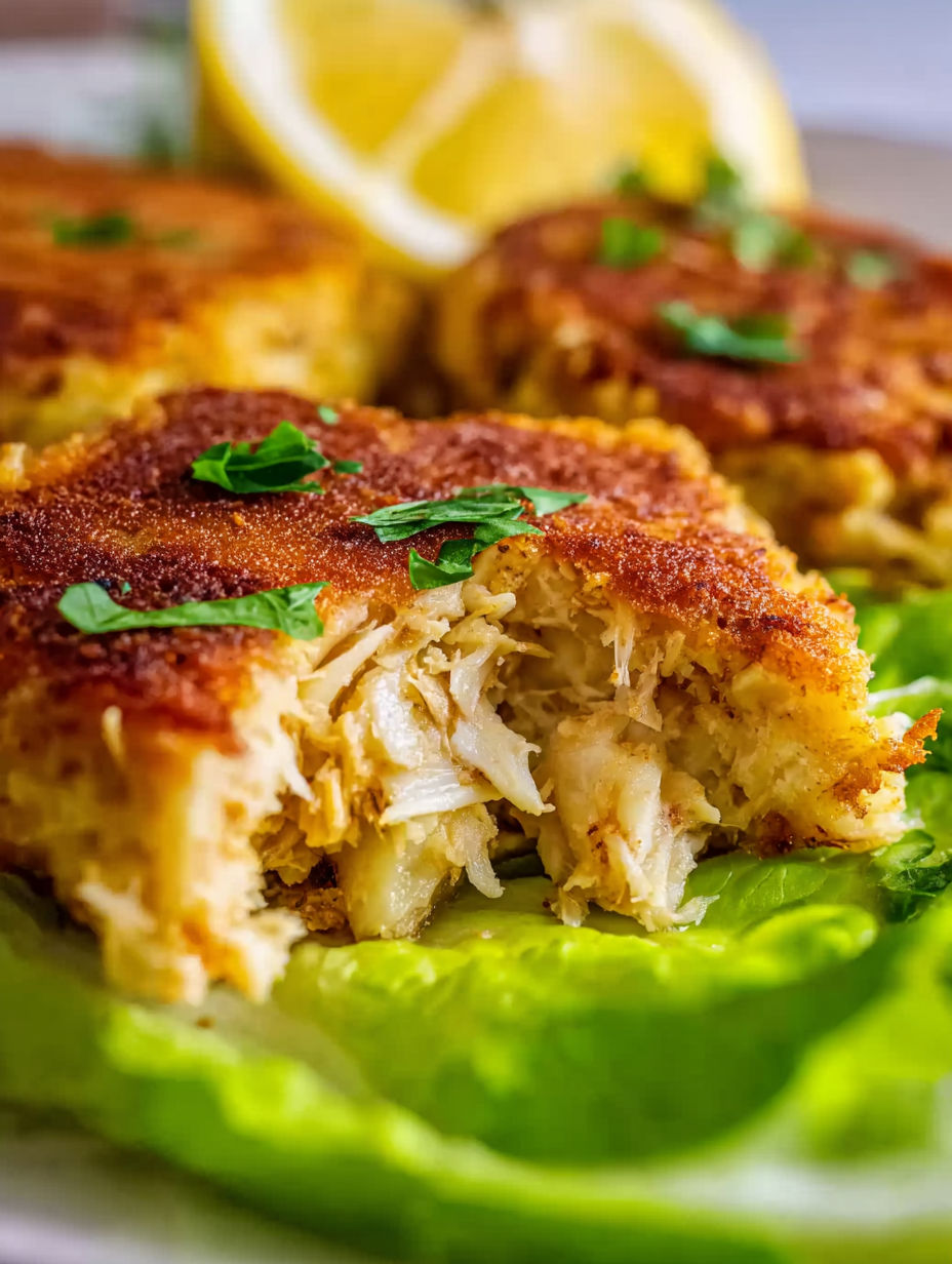 A plate of crab cakes with a lemon wedge on top.