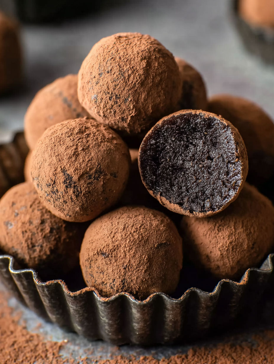 A bowl of chocolate balls with black spots.