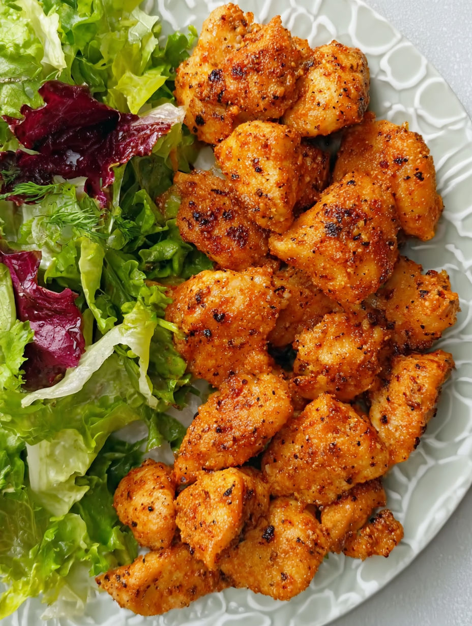 A plate of brown sugar mustard rubbed chicken bites.