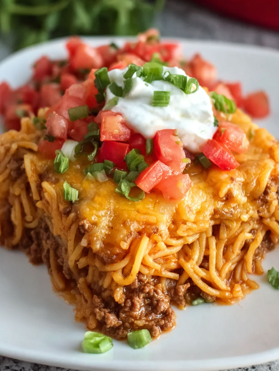 A plate of food with a cheesy taco spaghetti casserole.