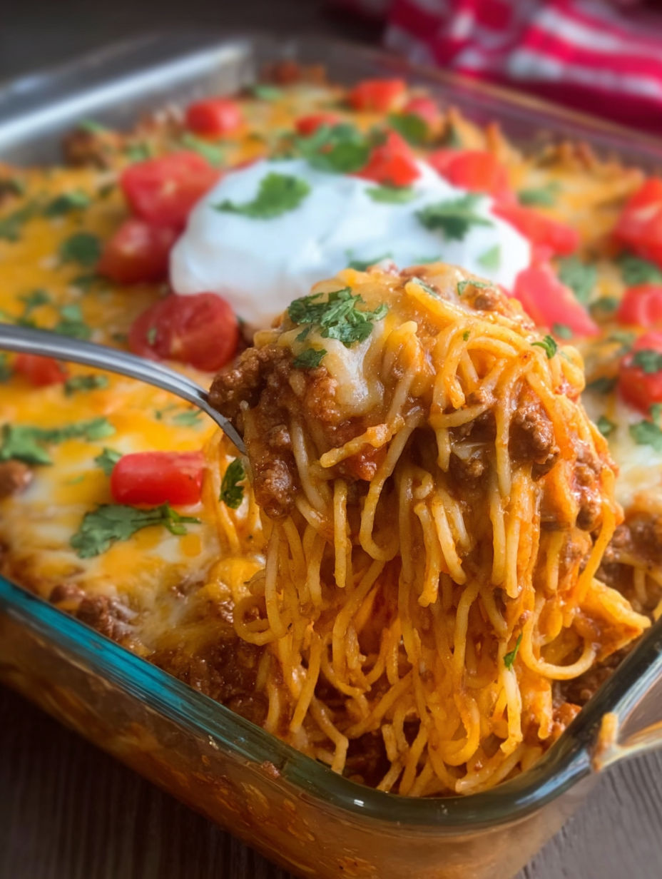 A close up of a cheesy taco spaghetti casserole.