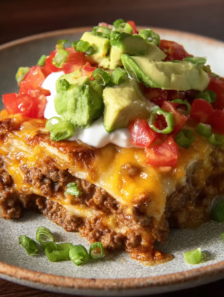 A cheesy taco lasagna dinner.